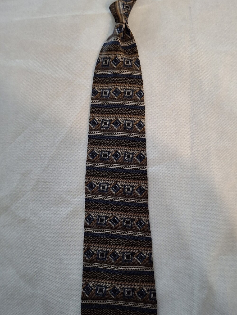 Classic Geometric Pattern Men's Tie in Brown and Navy By Chez Roffe New York